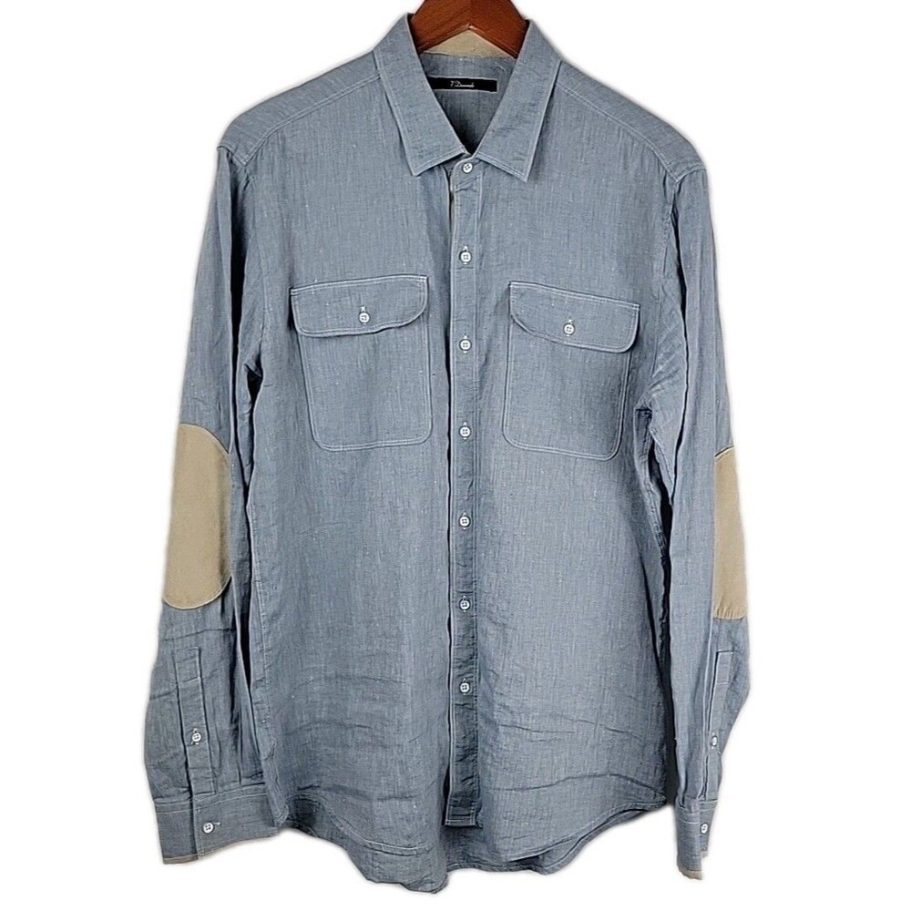 7 Diamonds Cowboys & Angel Shirt Men Medium Linen Slub Elbow Patch Contrast Cuff